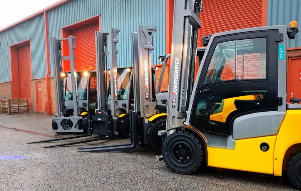 Jungheinrich forklifts lined up outside the IVS premises in Barnsley
